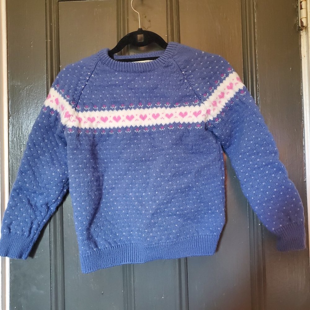 Pink Hearts Stowe Woolens Handcrafted 100% Wool Crewneck Sweater in Blue